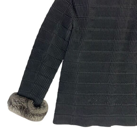 Grandi Faux Fur Trim Coat Women M Black Ribbed Classic Vintage 60s Luxury Jacket - Picture 8 of 16